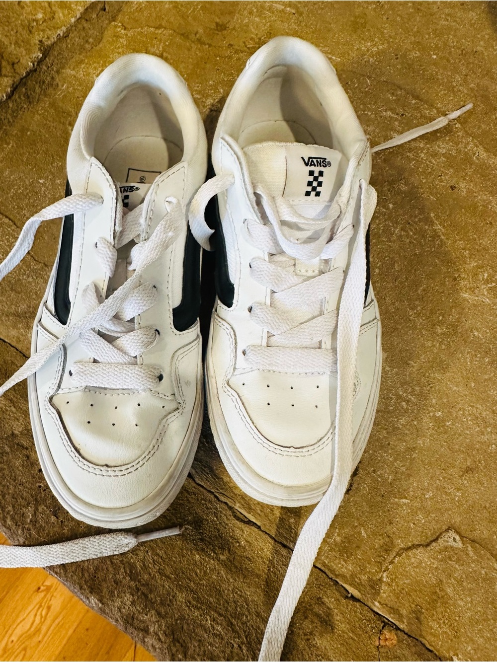 Boy Vans White Leather Low-Top Sneakers with Black Side Stripe